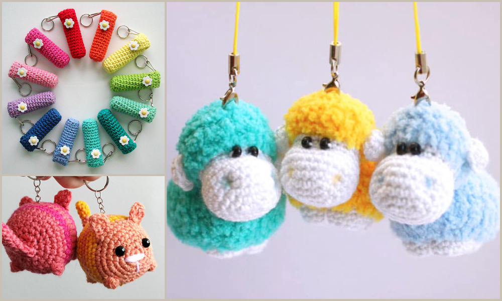 Crocheted animal keychains in different colors.