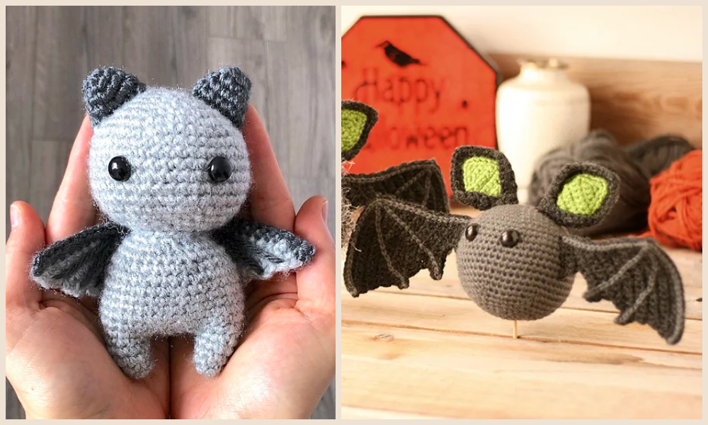 Two pictures of crocheted amigurumi bats.