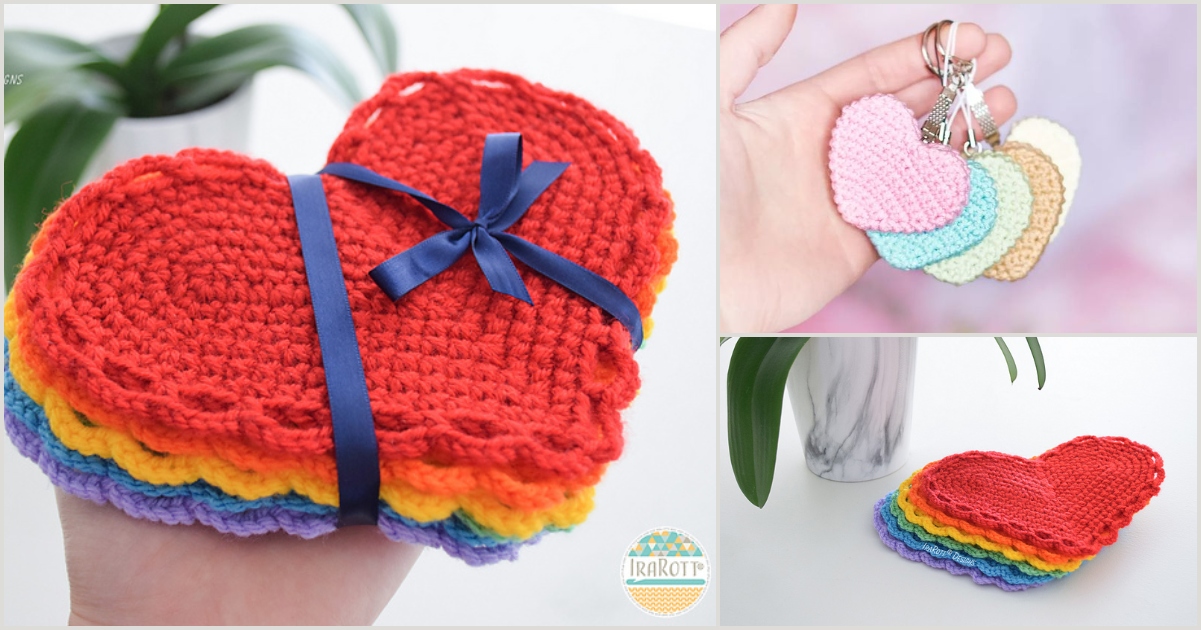 Handmade crocheted heart dishcloths and keychains, perfect for Mother's Day.